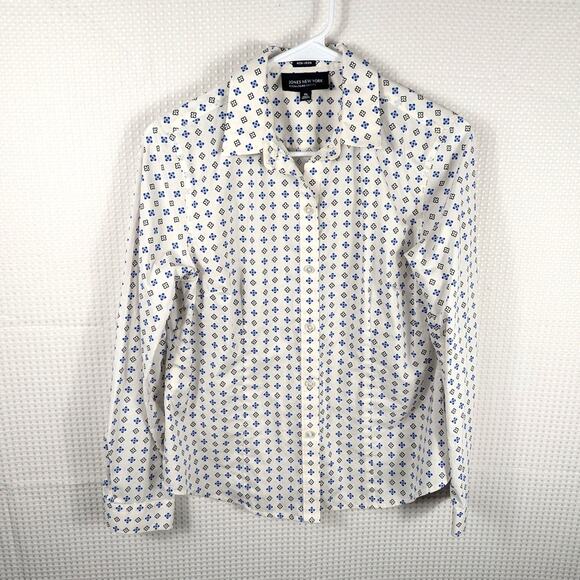 Jones New York Signature Petite Medium Non Iron Shirt Blue Print Cotton Blouse - Picture 1 of 4